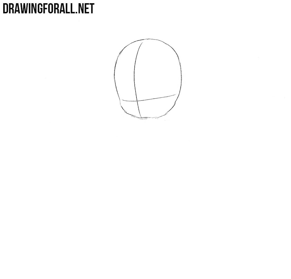 Sketching the chibi character’s rounded head with intersecting facial guidelines