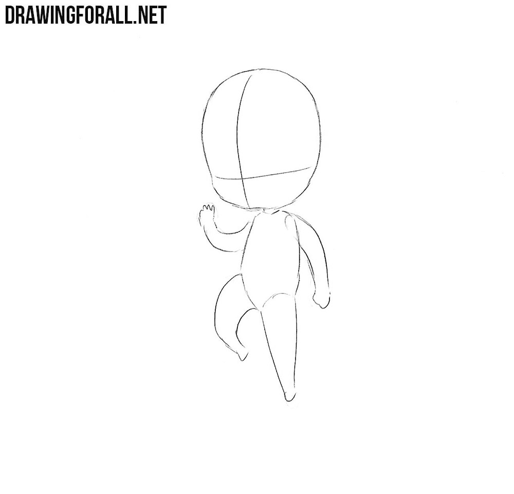 Adding the chibi character’s small oval torso and simple limbs