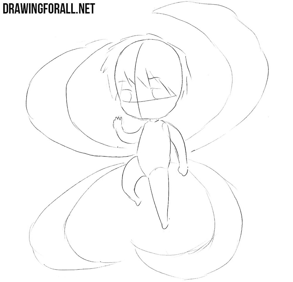 Outlining the chibi character’s large eyes, long hair, and four tails