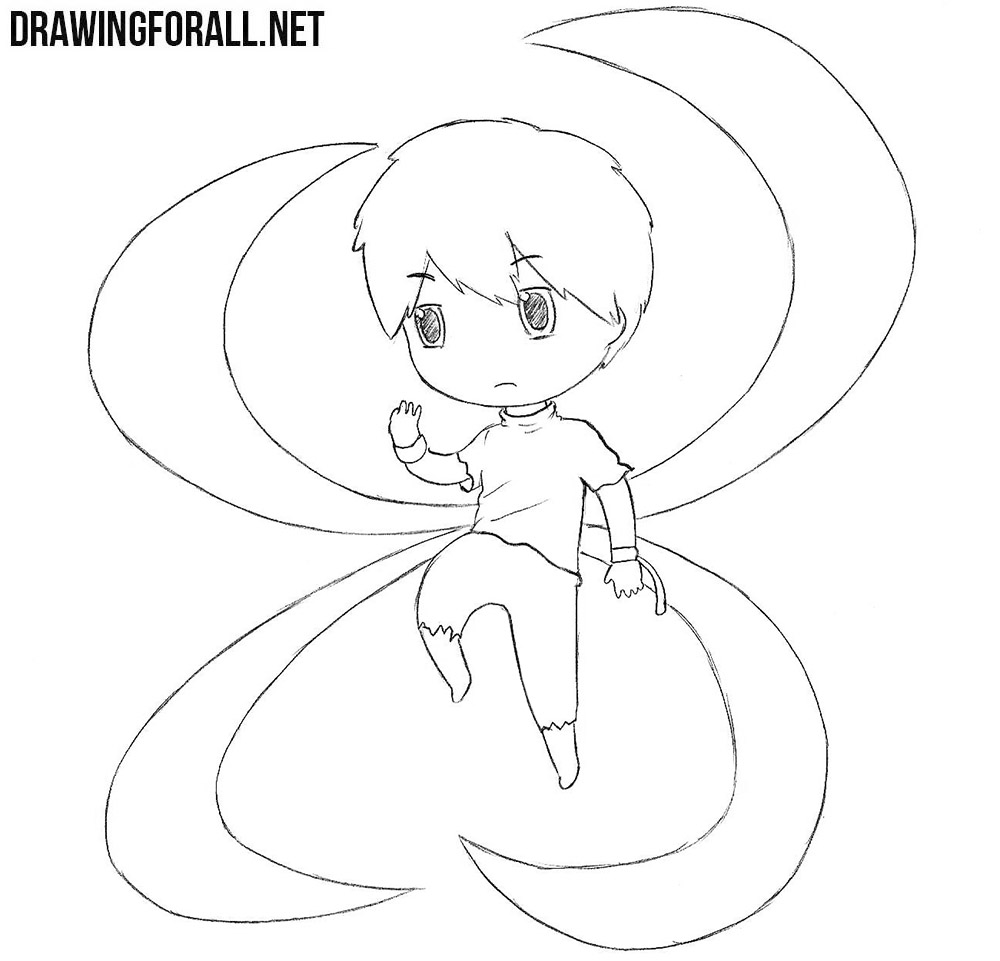 Finished chibi character drawing with large eyes, long hair, and four tails