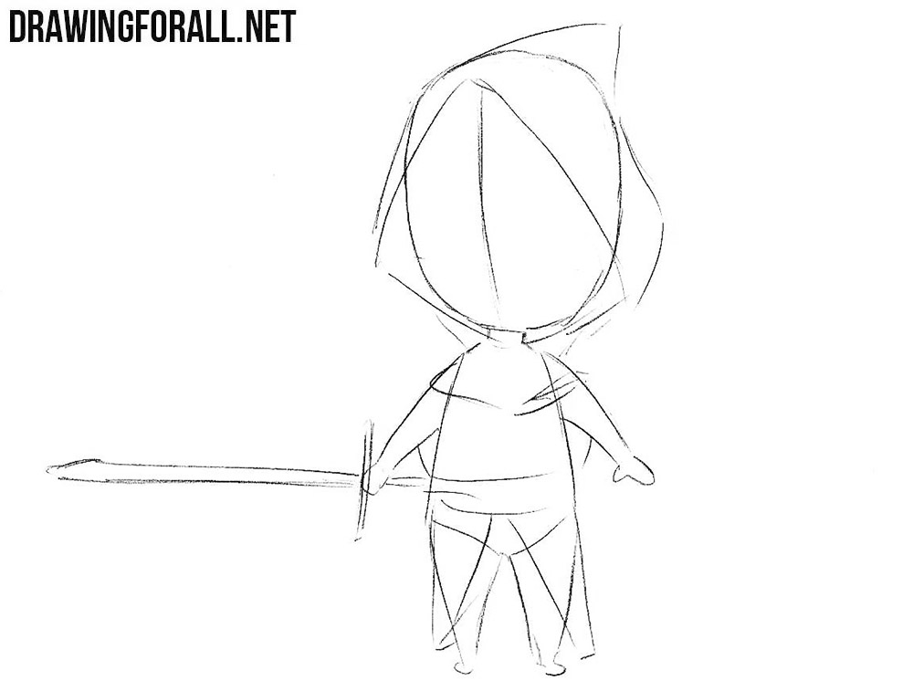 Adding Kylo Ren’s hood, cloak, and crossguard lightsaber to the sketch.