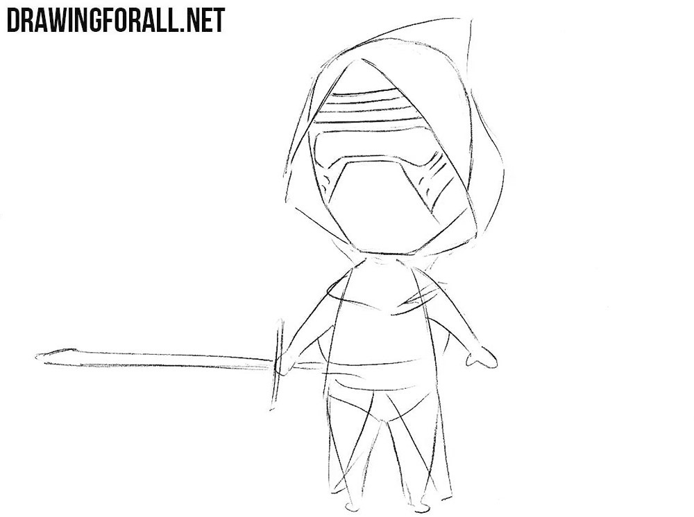Drawing Kylo Ren’s mask with a narrow visor and angular panels.