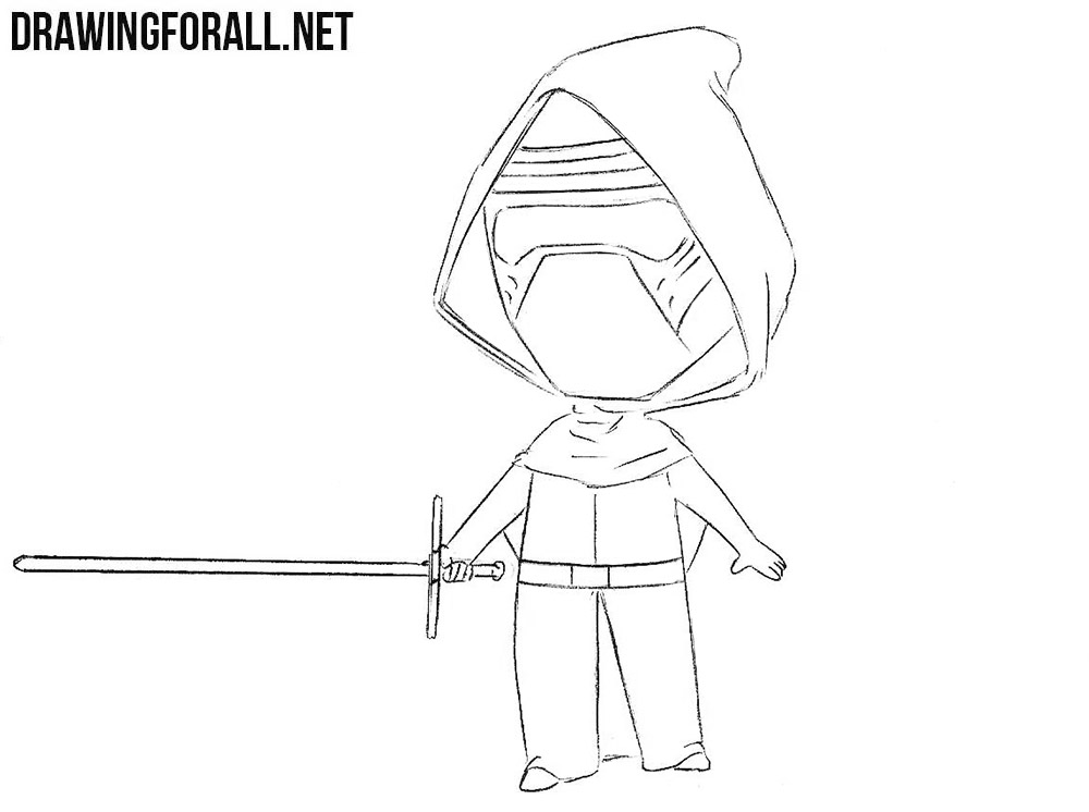 Finished chibi Kylo Ren drawing with mask, cloak, and crossguard lightsaber.
