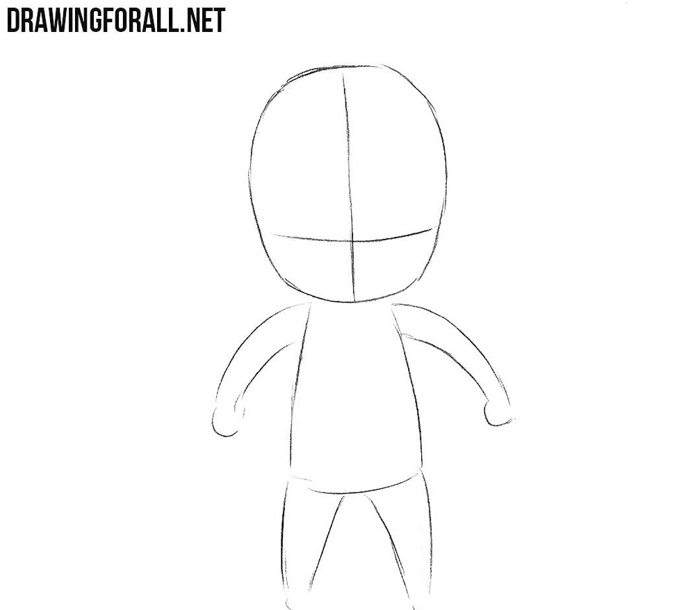 Drawing the body, arms, and legs of chibi Monkey D. Luffy with simple shapes.