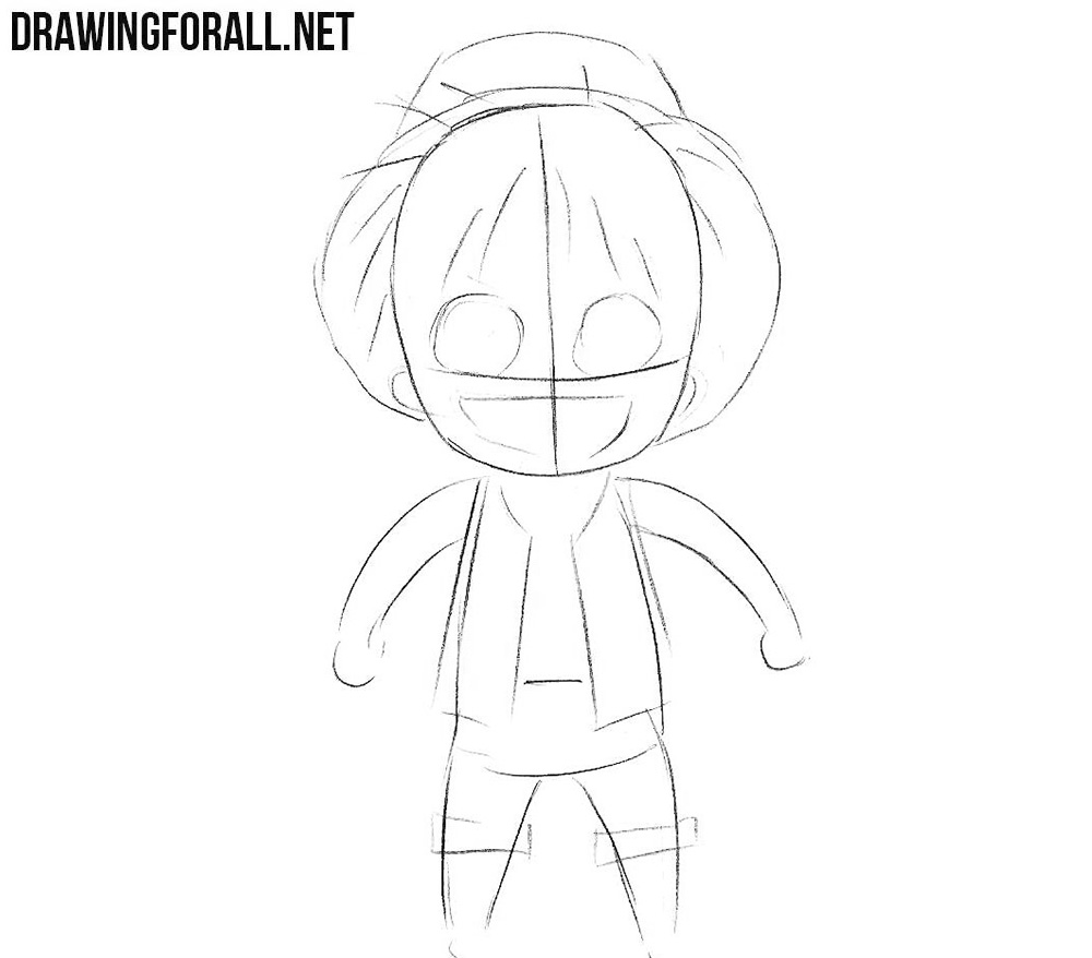Sketching chibi Monkey D. Luffy’s face, hair, straw hat, and outfit.
