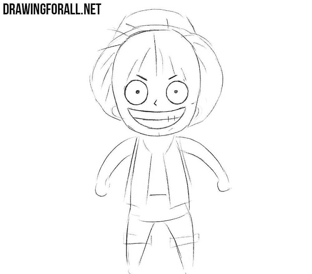 Drawing the eyes, eyebrows, nose, and smiling mouth of chibi Monkey D. Luffy in detail.
