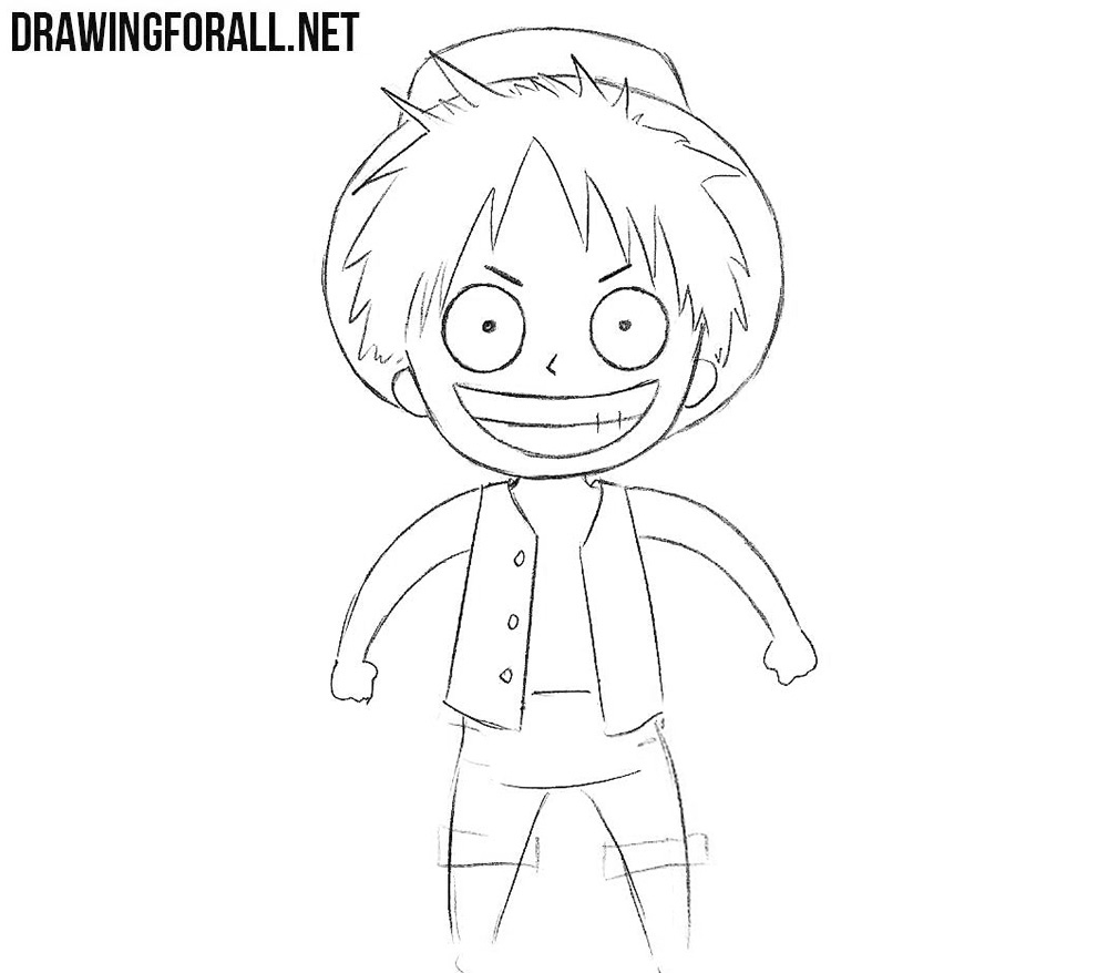 Drawing the vest, buttons, and arms of chibi Monkey D. Luffy.