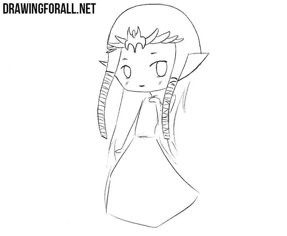Drawing Zelda’s face, detailed crown, hair, and banded pigtails