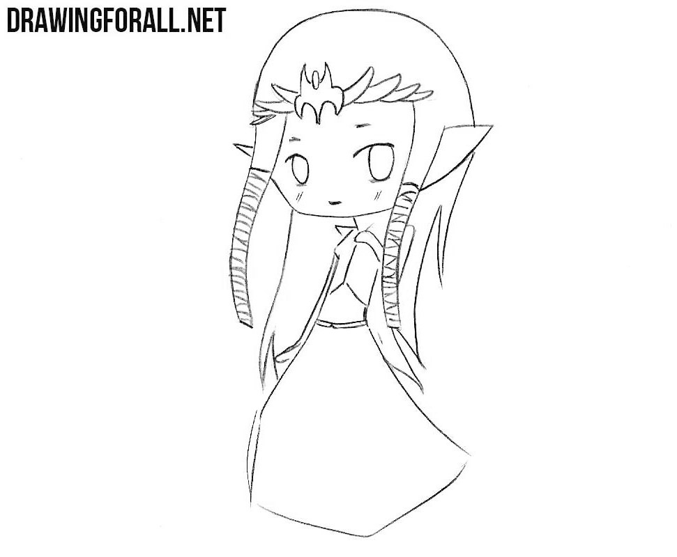 Refining Zelda’s upper body, sleeves, hands, and flowing hair
