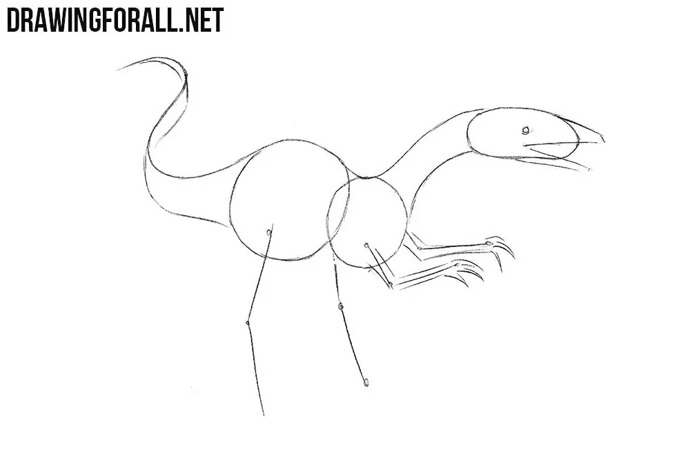 Drawing the dinosaur’s arms and adding volume to the tail.