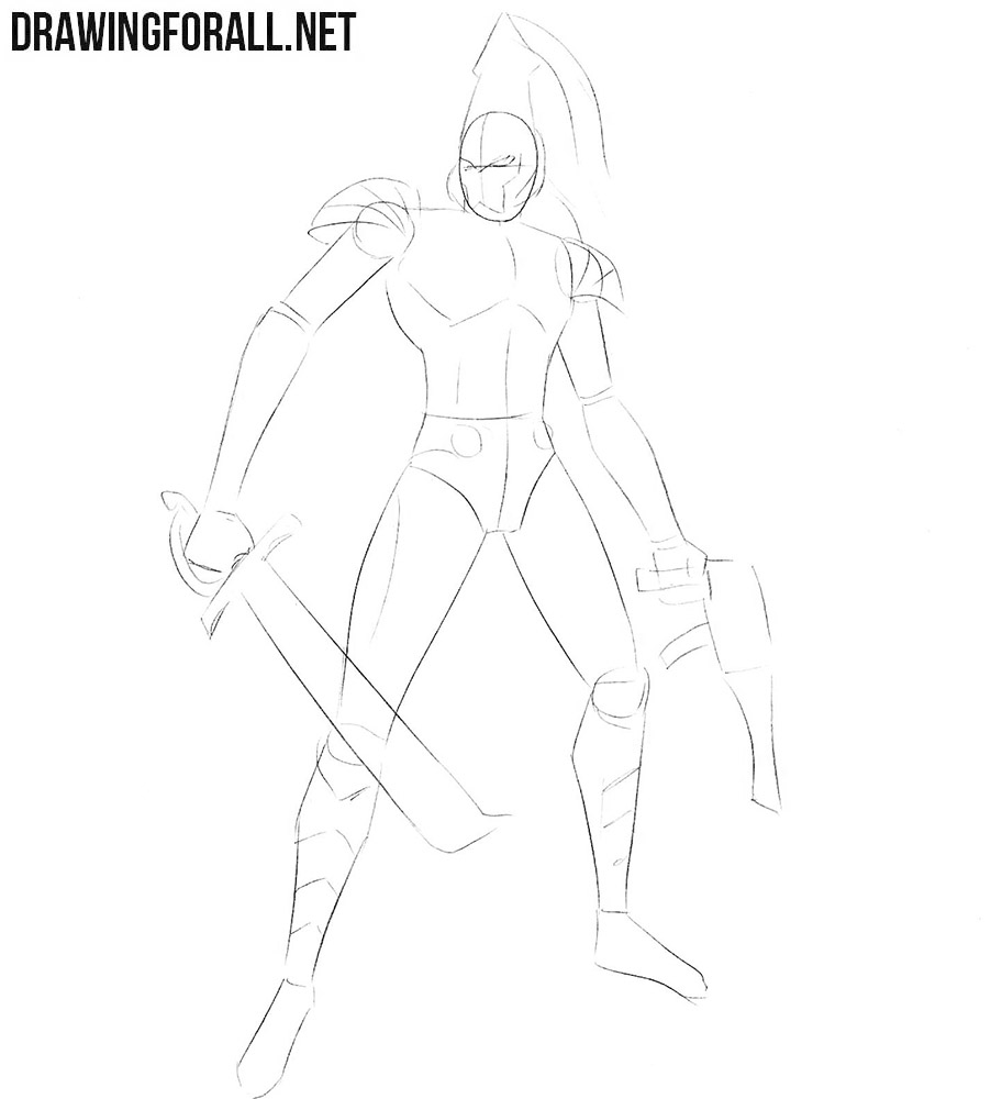 Outlining the Eldar’s helmet and armor with light guide lines