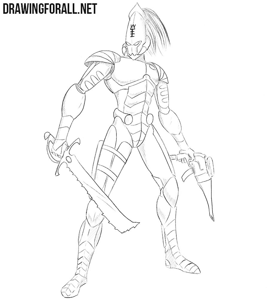 Finishing the Eldar warrior with dense hatching and deep shadows