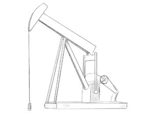 Finished oil pumpjack drawing with a raised horsehead, supporting frame, machinery, and realistic hatching.