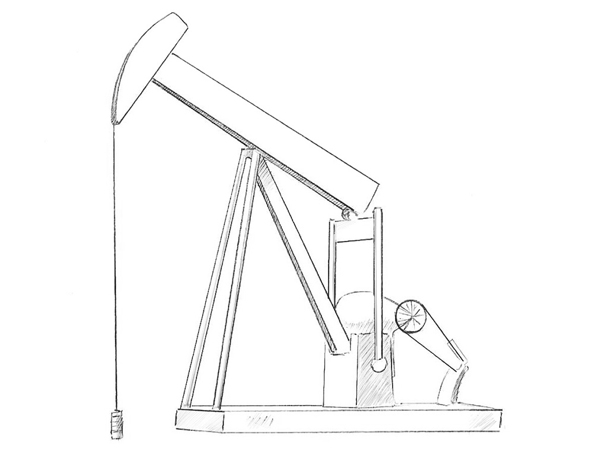 Finished oil pumpjack drawing with a raised horsehead, supporting frame, machinery, and realistic hatching.