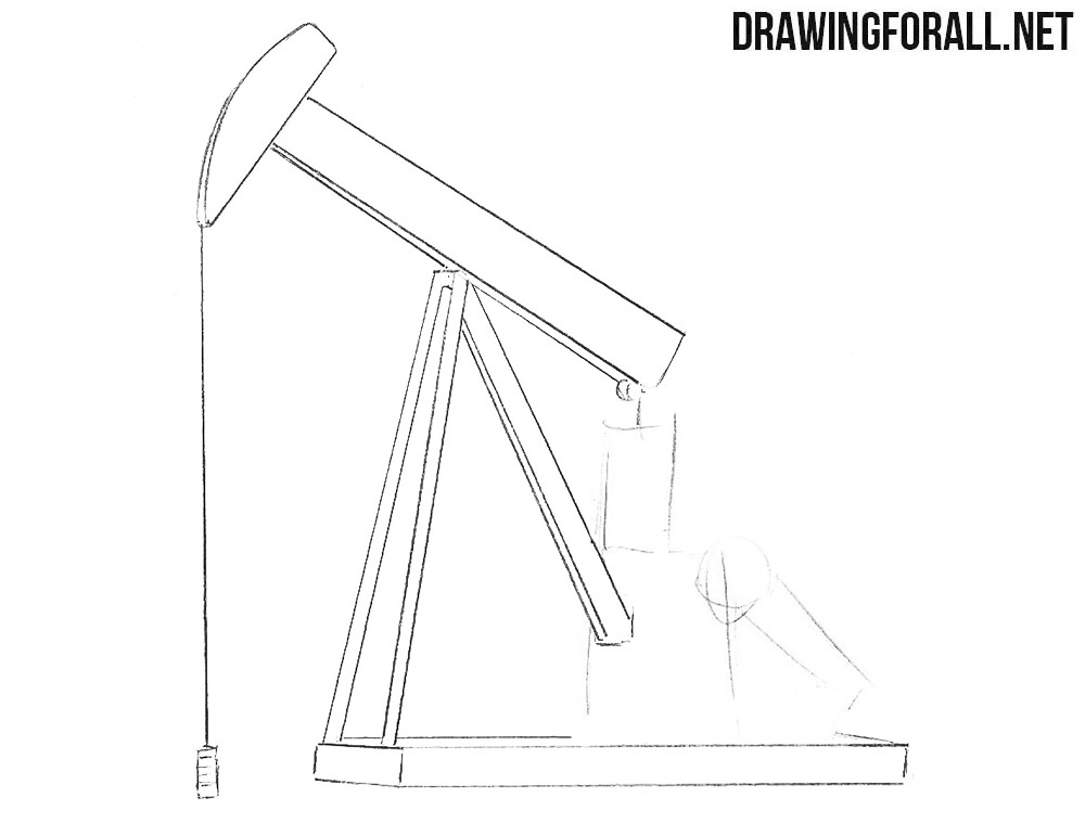 Defining the pumpjack's tall support, diagonal brace, and rectangular base with darker lines.