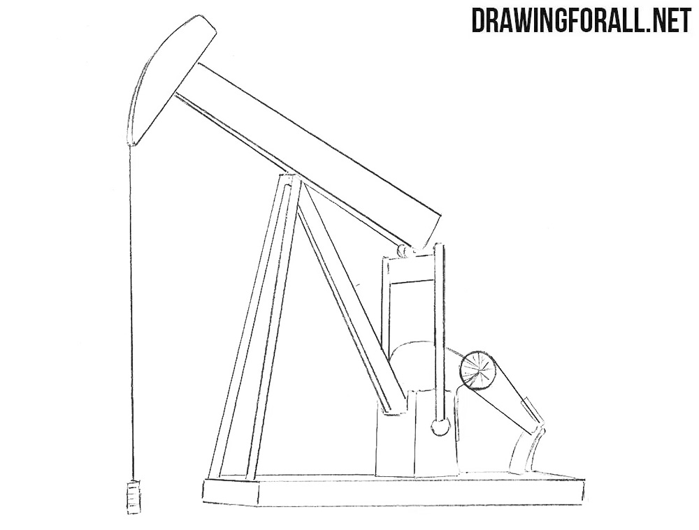 Detailing the pumpjack's connecting bars, lower housing, spoked wheel, and inclined component.