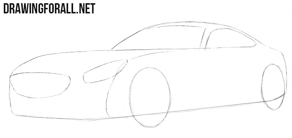 Sketch the headlights, windows, and wheels