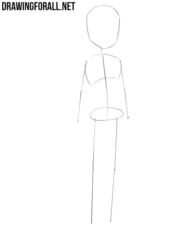 Sketching the anime school girl’s basic pose with circles and lines.