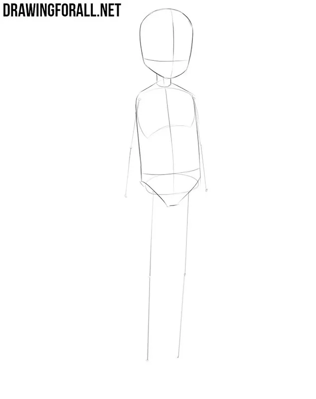 Adding facial guidelines and shaping the anime school girl’s torso.