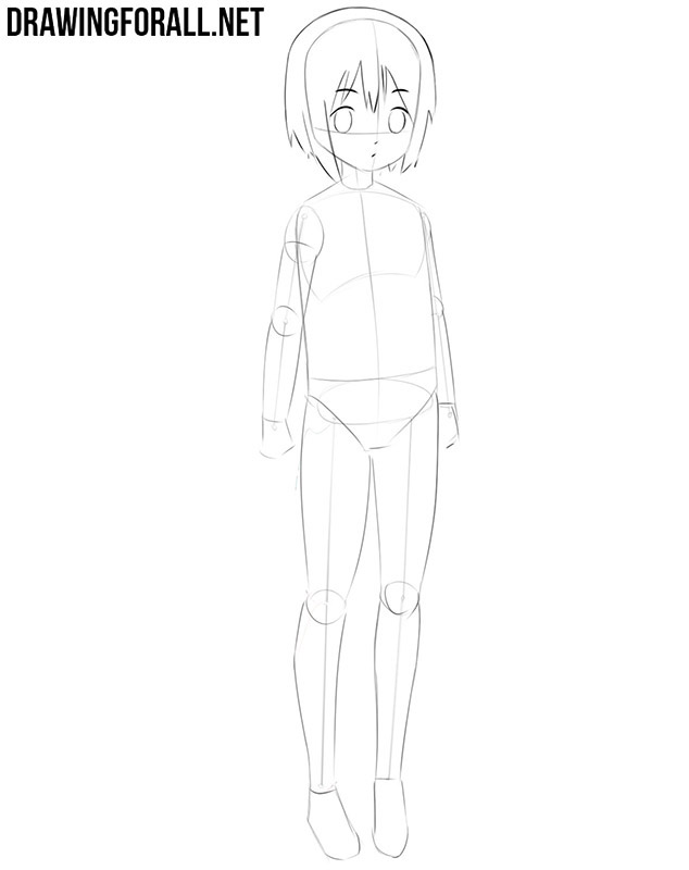 Drawing the anime school girl’s eyes, hair, and facial features.