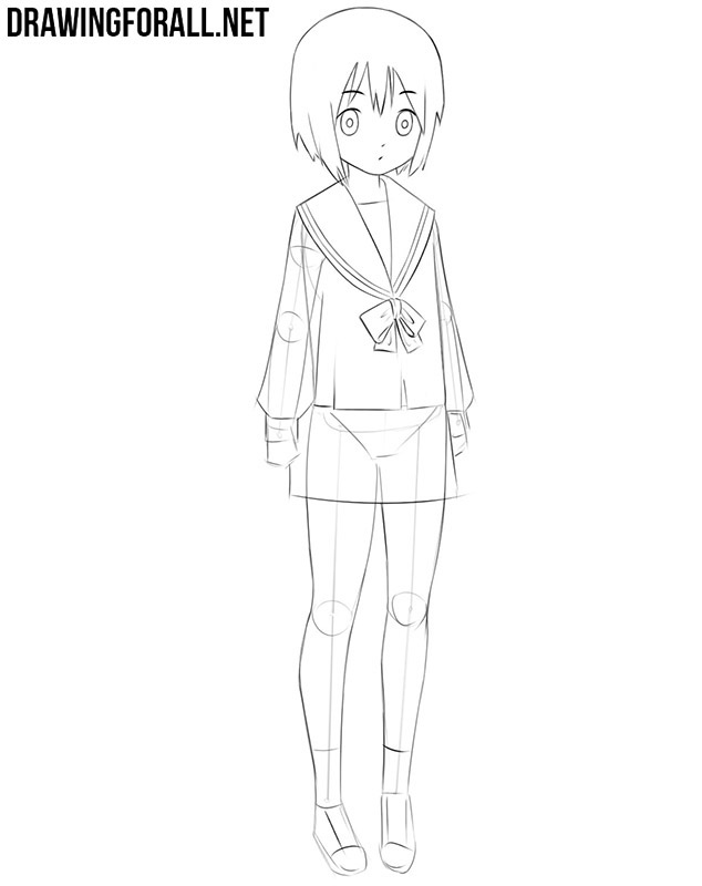 Refining the anime schoolgirl’s wide collar, bow, and uniform details.