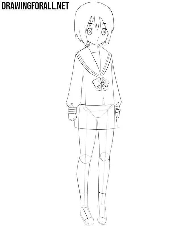 Finishing the anime schoolgirl’s sleeves, cuffs, and clenched hands.