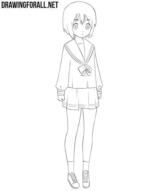 Refining the anime schoolgirl’s skirt, legs, socks, and shoes.
