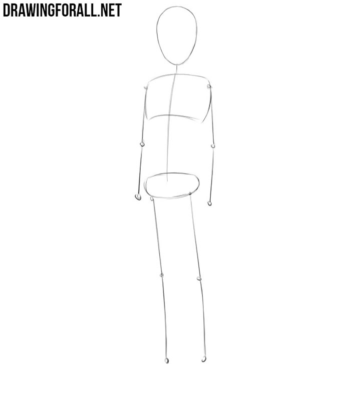 Sketching the anime teenager’s pose with simple lines and basic shapes.