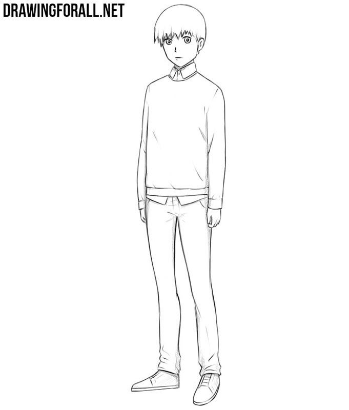 Completed anime teenager drawing in casual school clothes with light shading.