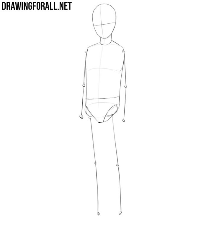 Adding facial guidelines and shaping the anime teenager’s torso and pelvis.