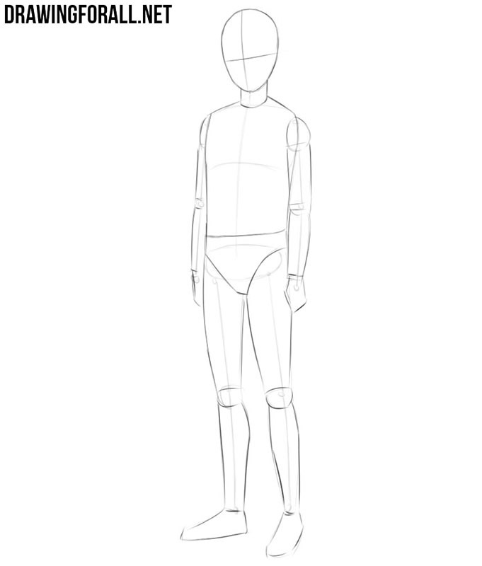 Outlining the anime teenager’s arms and legs with smooth contours.