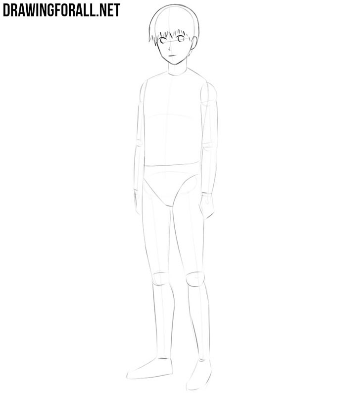 Drawing the anime teenager’s large eyes, facial features, and pointed hairstyle.