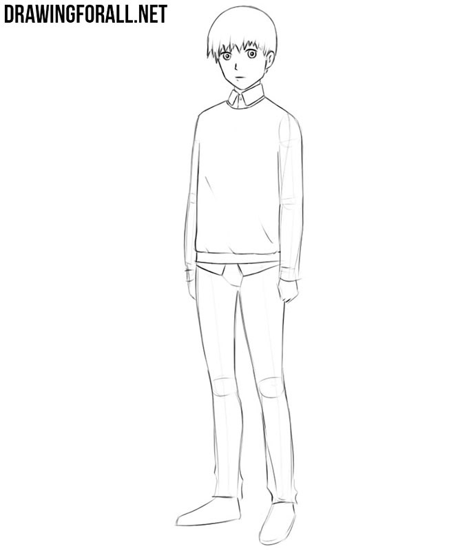Refining the anime teenager’s pullover, shirt collar, and fabric folds.