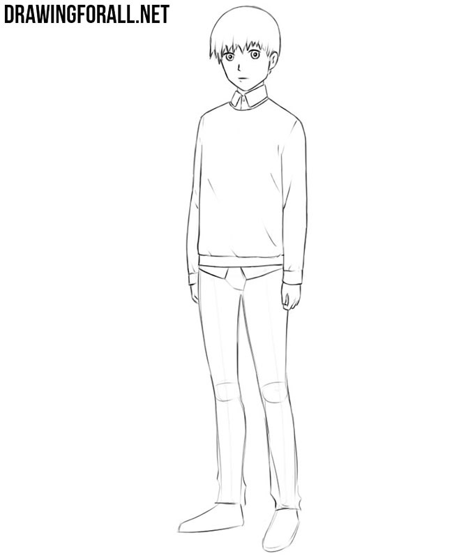Refining the anime teenager’s sleeves, arms, hands, and fingers.