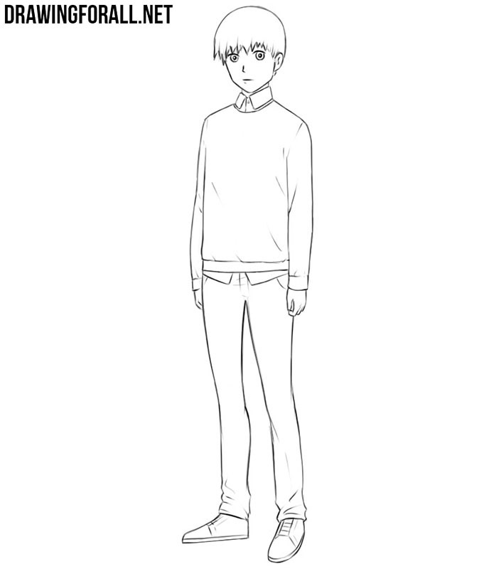 Refining the anime teenager’s pants, legs, sneakers, and clothing folds.