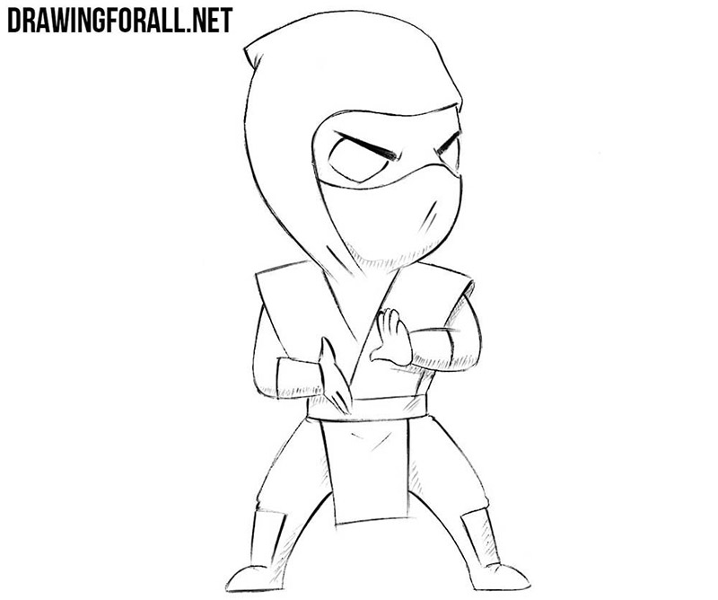 Finished chibi Sub-Zero drawing with armor, mask, and shadows