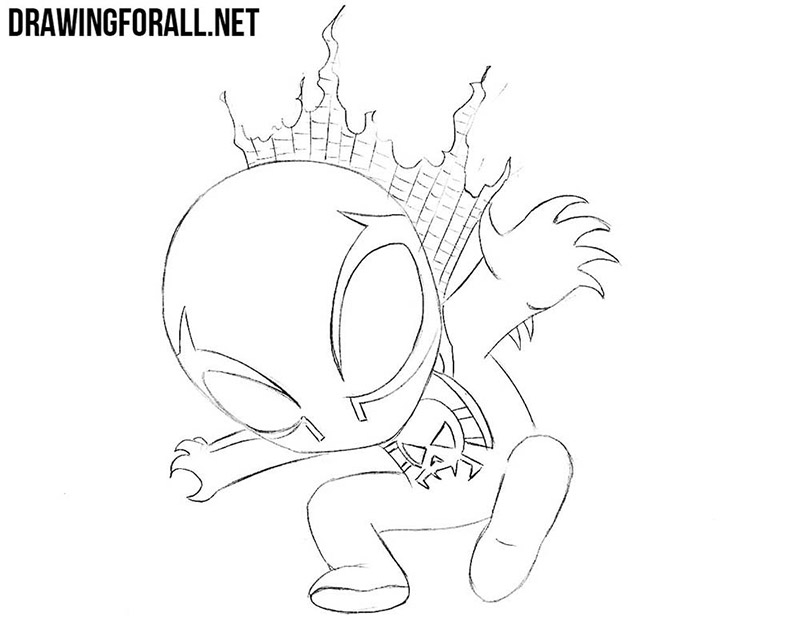 Drawing the skull-like chest emblem and torn web cape.