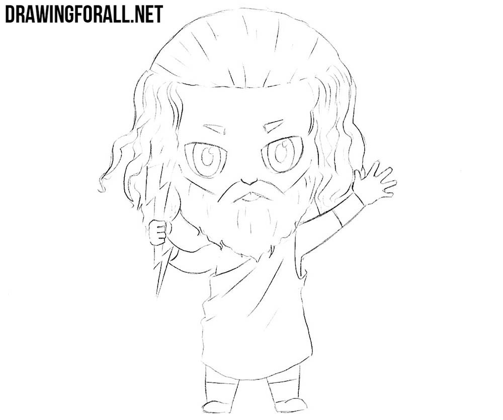 Outlining Zeus’s arms, legs, robes, and long fabric folds