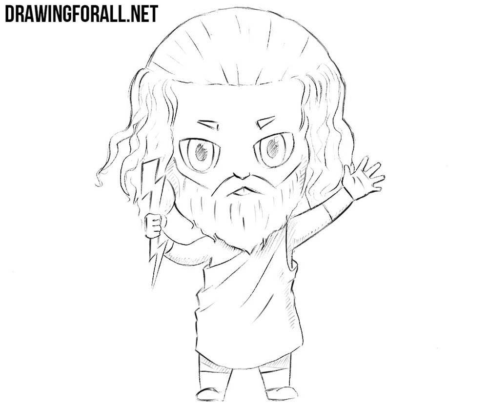 Finished chibi Zeus drawing with lightning, robes, and light shading