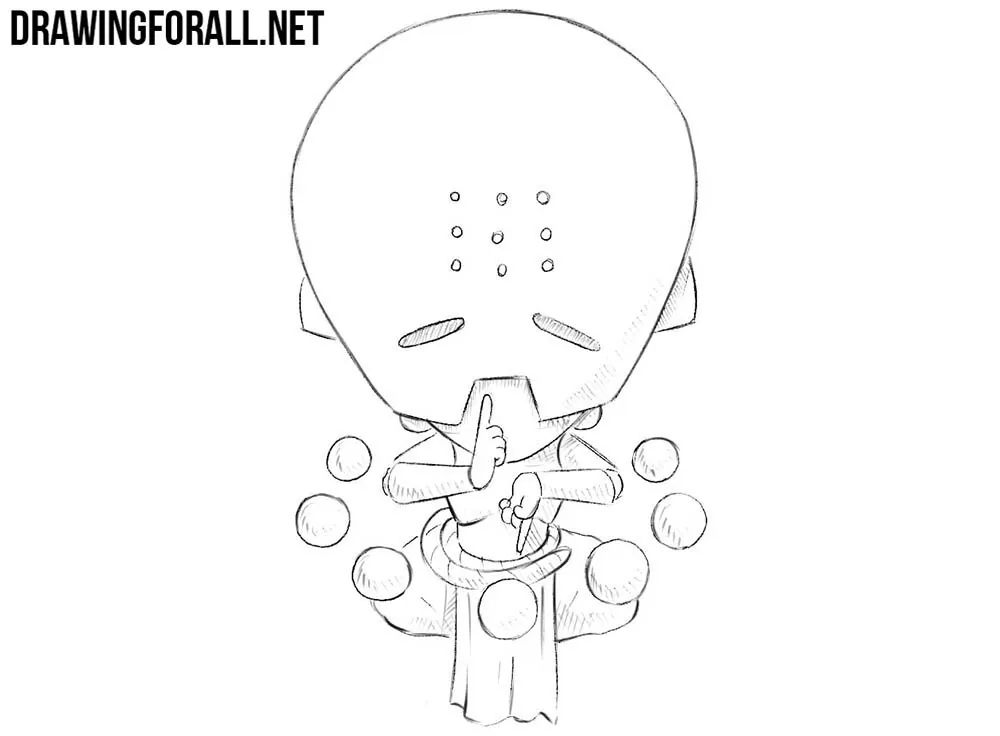 Finished chibi Zenyatta drawing with folded limbs and levitating orbs