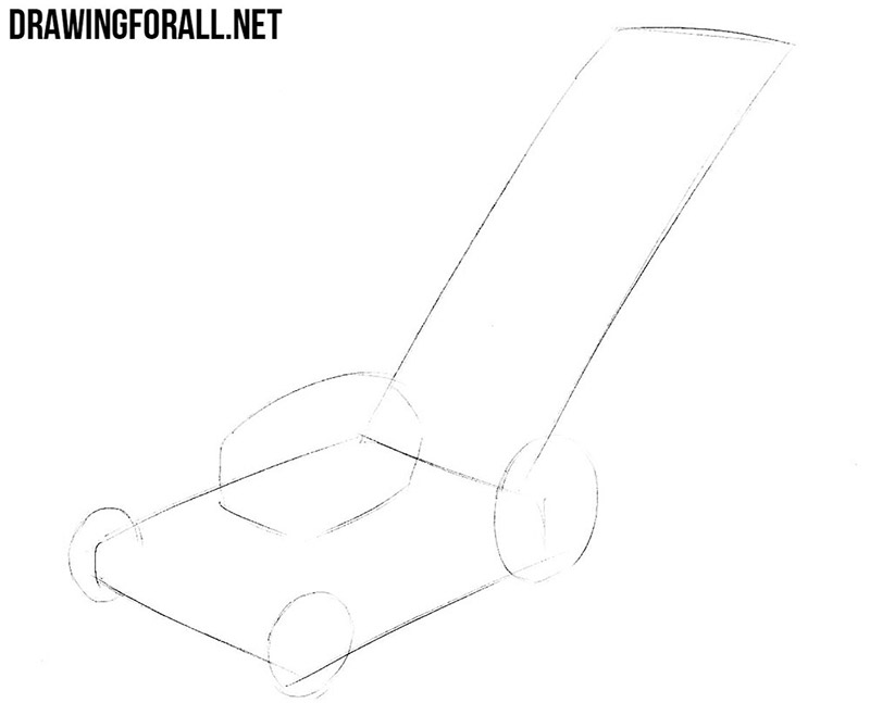 Adding the lawn mower’s wheels, motor, and long handle with simple lines.