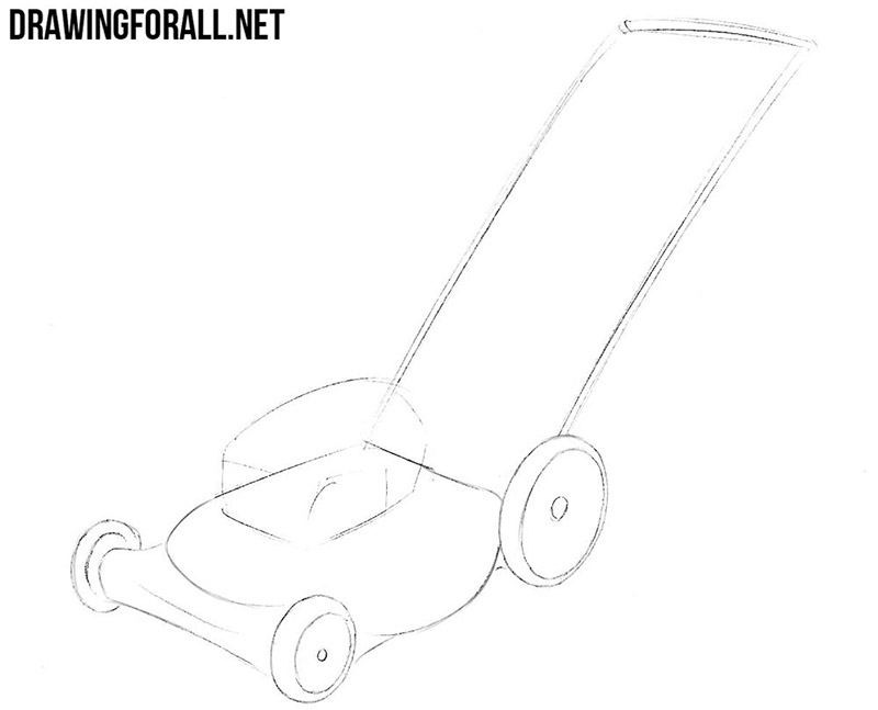 Shaping the rounded mower deck and adding wheel rims and central hubs.