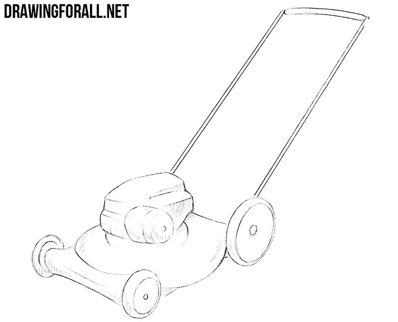 Completed lawn mower drawing with wheels, engine, handle, and light shading.