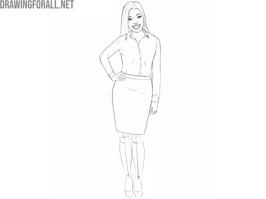Outlining the woman’s fitted skirt and adding horizontal fabric folds.
