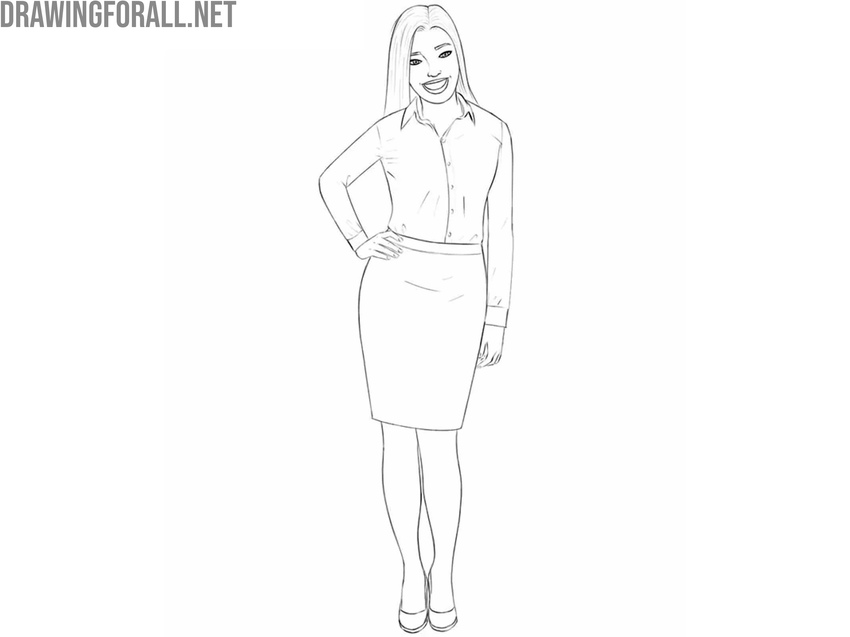 Refining the woman’s legs and drawing the shoes with visible soles.