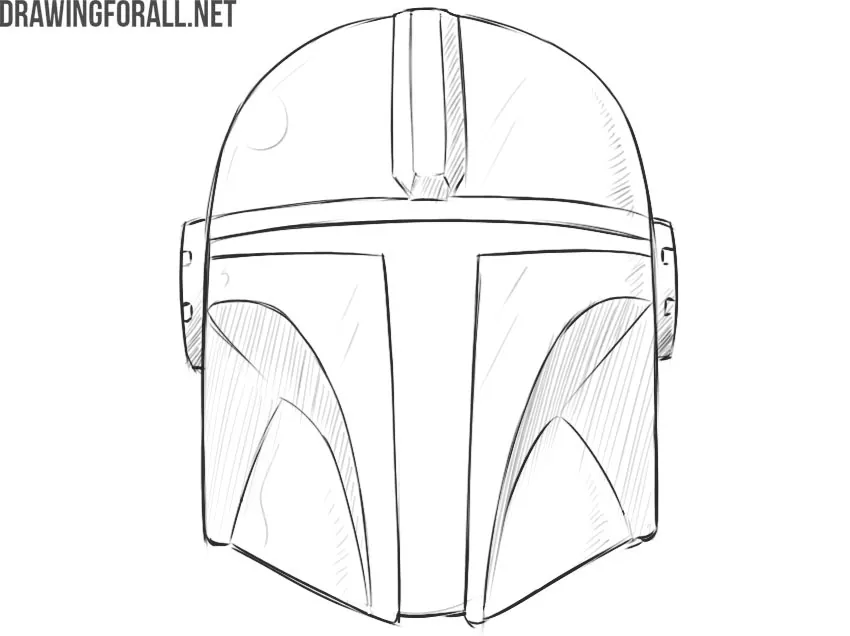 Completed Mandalorian helmet drawing with detailed contours and light shading.