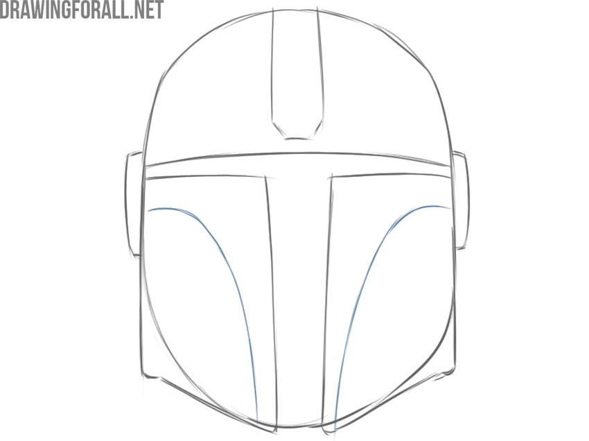 Drawing curved lower contours along both sides of the Mandalorian helmet.