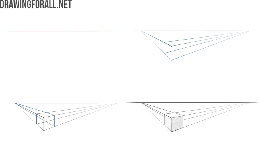 Cube constructed in linear perspective using vanishing points and guide lines.