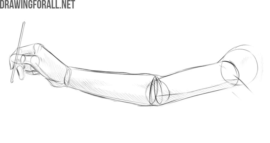 Geometric forms showing form, volume, and construction in drawing on the example of an arm with a pencil.
