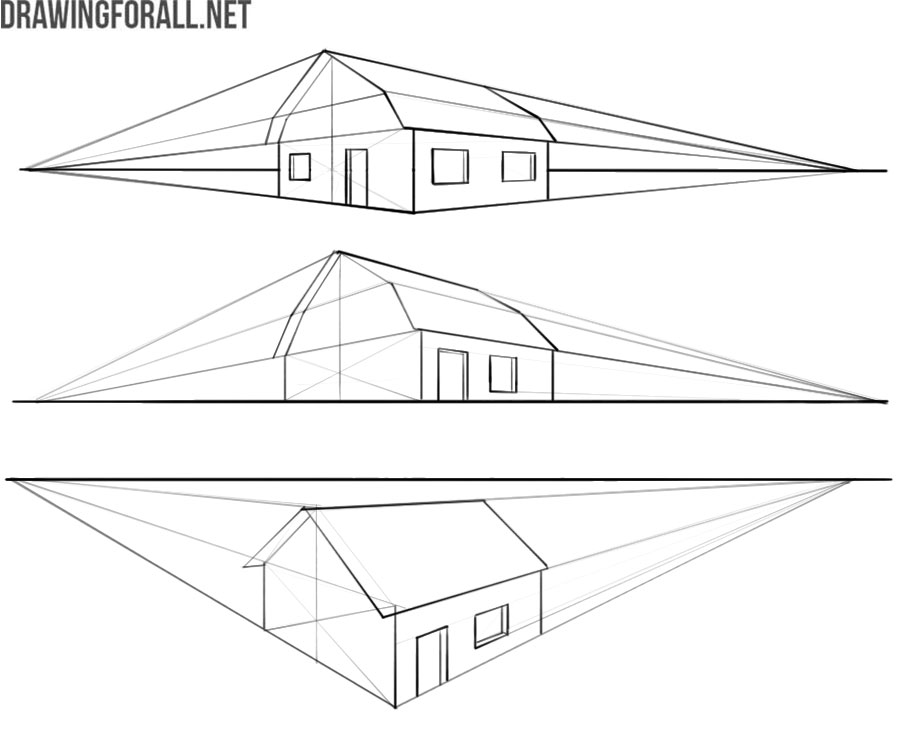 House shown from different eye levels in linear perspective.